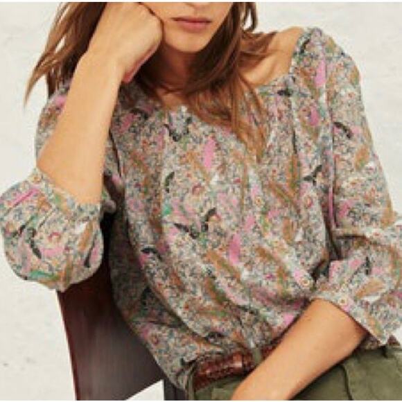 BA&SH Ecru Floral Jerry 3/4 Sleeve Relaxed Scoop Neck Top Large Cotton - Picture 4 of 15